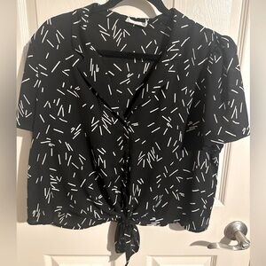 Lush Boxy Tie Front Button Up Short Sleeve Flowy Top, Black & White, Sz XL